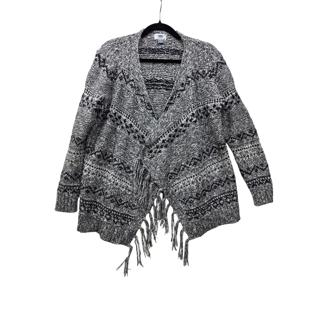 Old Navy Womens Medium Black White Geometric Fringe Open Front Cardigan Sweater